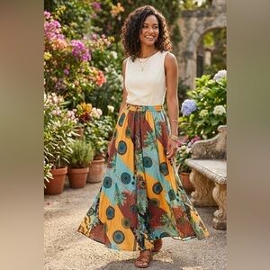 Magic Floral Patchwork Maxi Skirt in Yellow, Teal & Brown size S